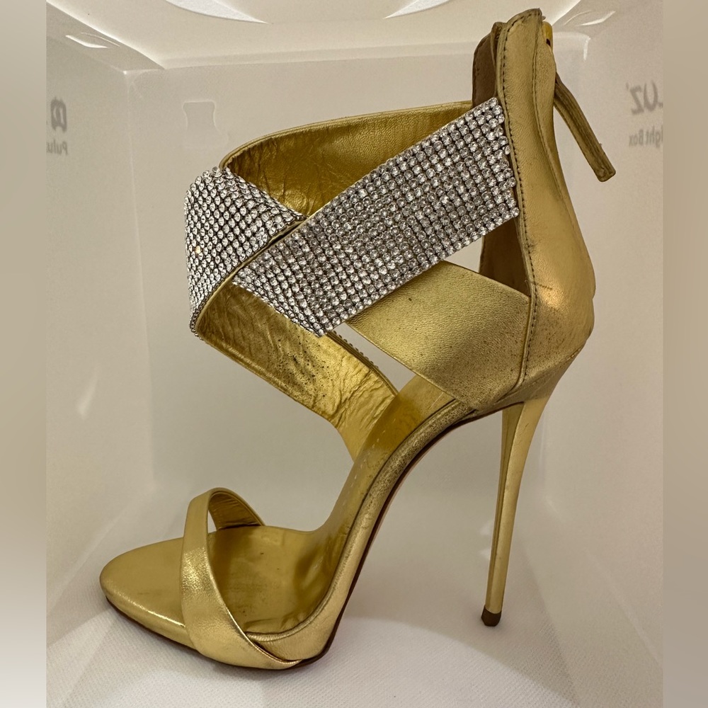 Giuseppe Zanotti Gold Leather Crystal Evening Heels Size 37 - Picture 9 of 10